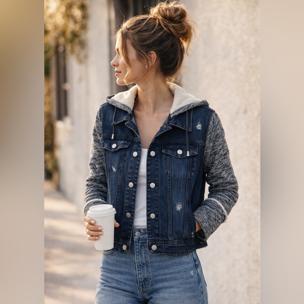 Free People Hooded Denim Jacket Knit Sleeve Distressed Size M